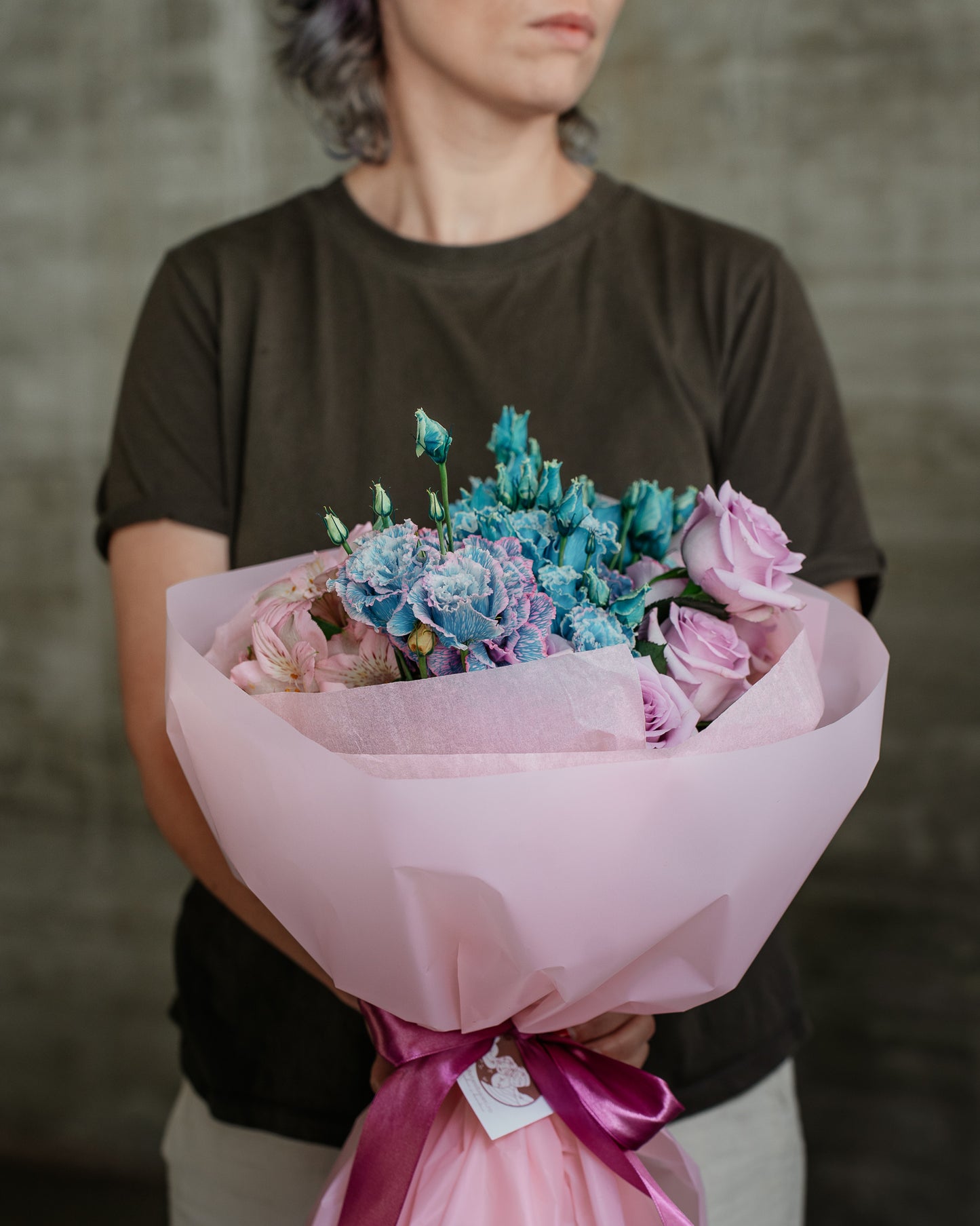 Buchet Trandafiri, Eustoma, Alstroemeria, mov-albastru